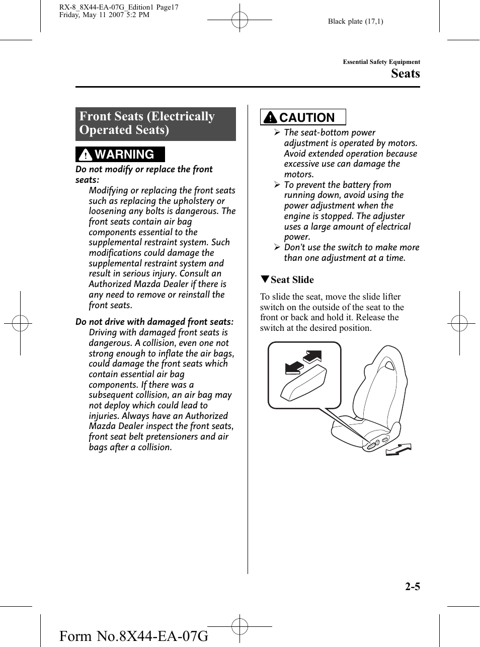 Front seats (electrically operated seats), Front seats (electrically operated seats) -5, Seats | Warning, Caution | Mazda 2008 RX-8 User Manual | Page 17 / 432