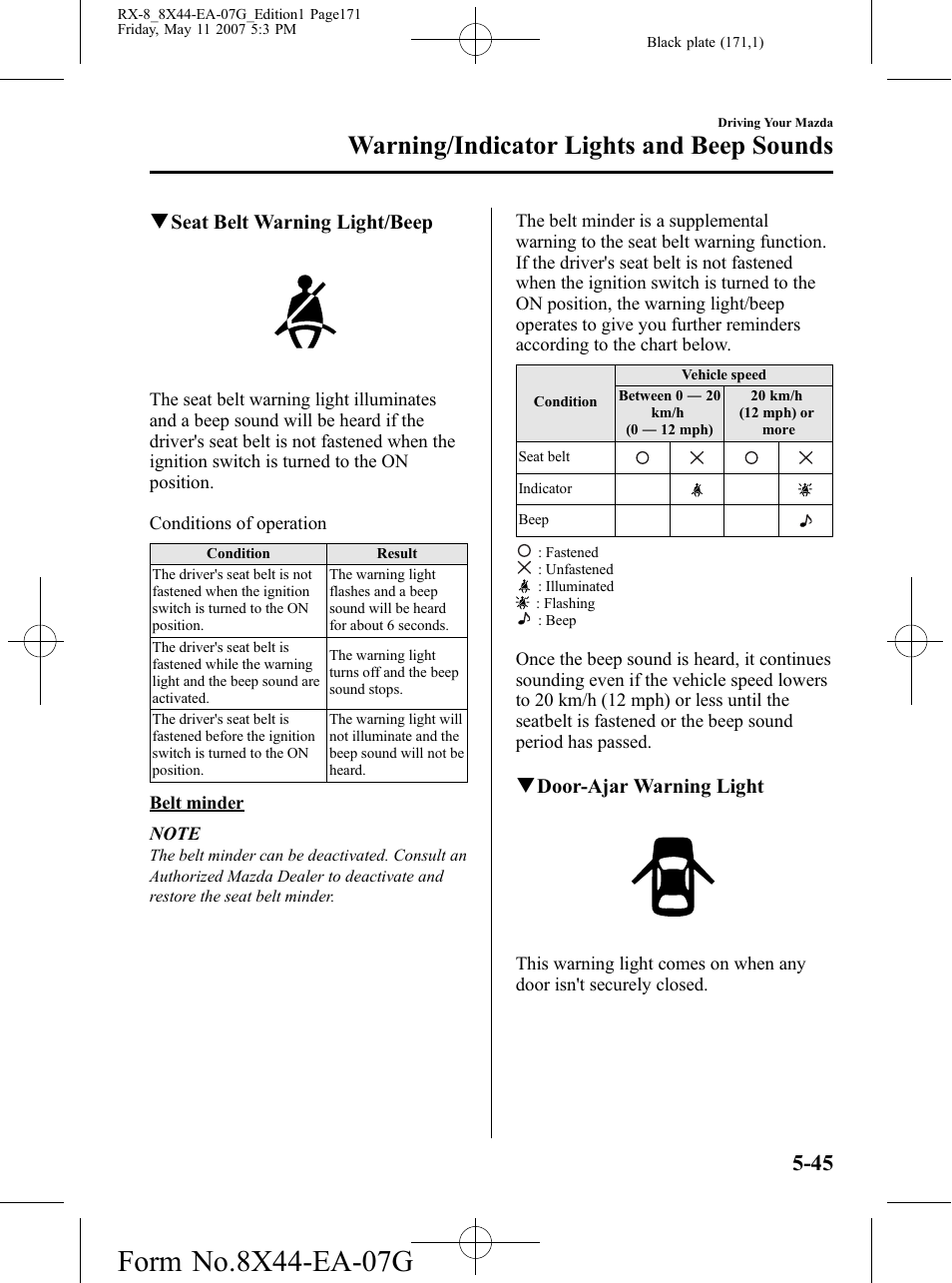 Warning/indicator lights and beep sounds | Mazda 2008 RX-8 User Manual | Page 171 / 432