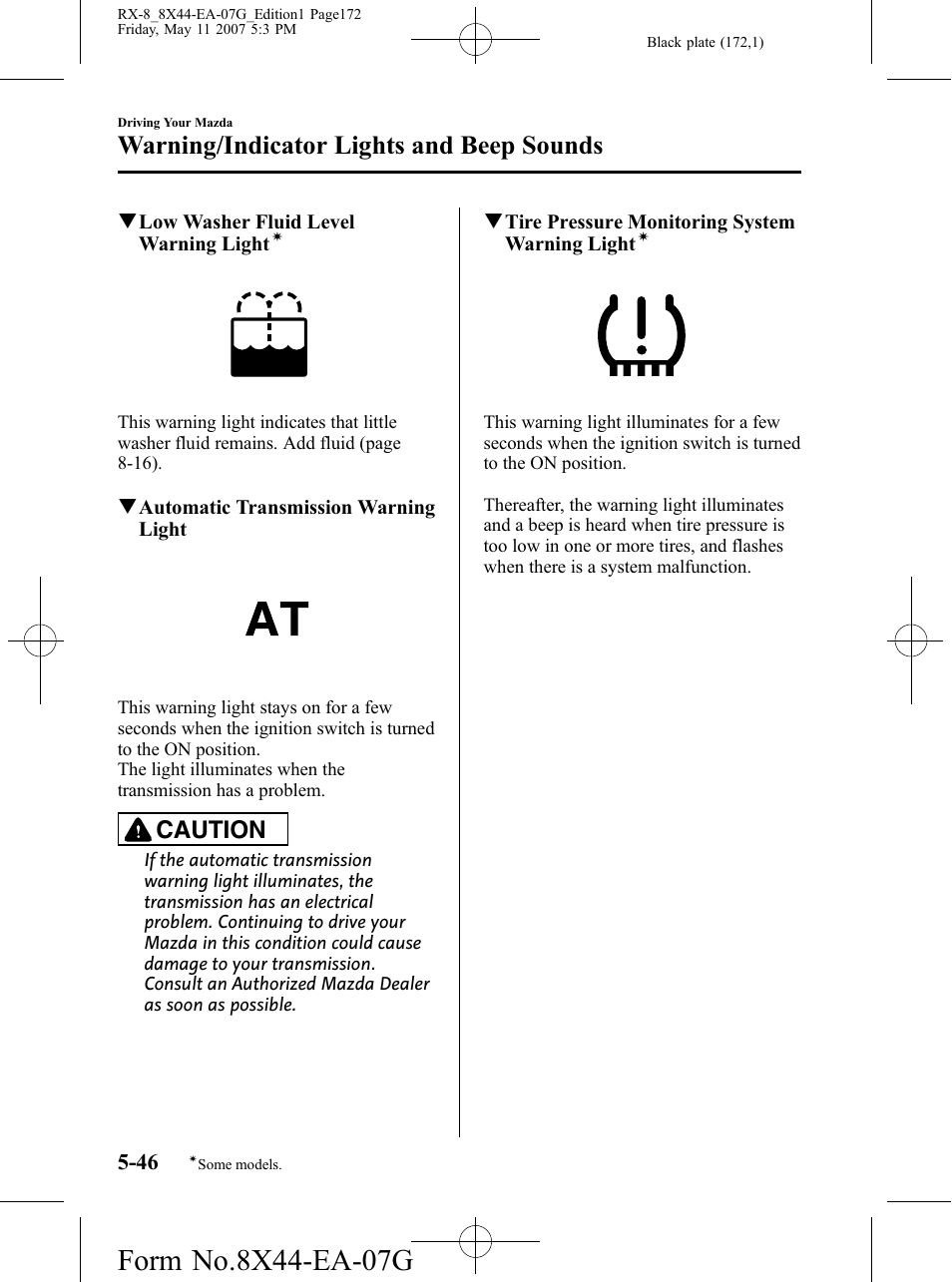 Warning/indicator lights and beep sounds, Caution | Mazda 2008 RX-8 User Manual | Page 172 / 432