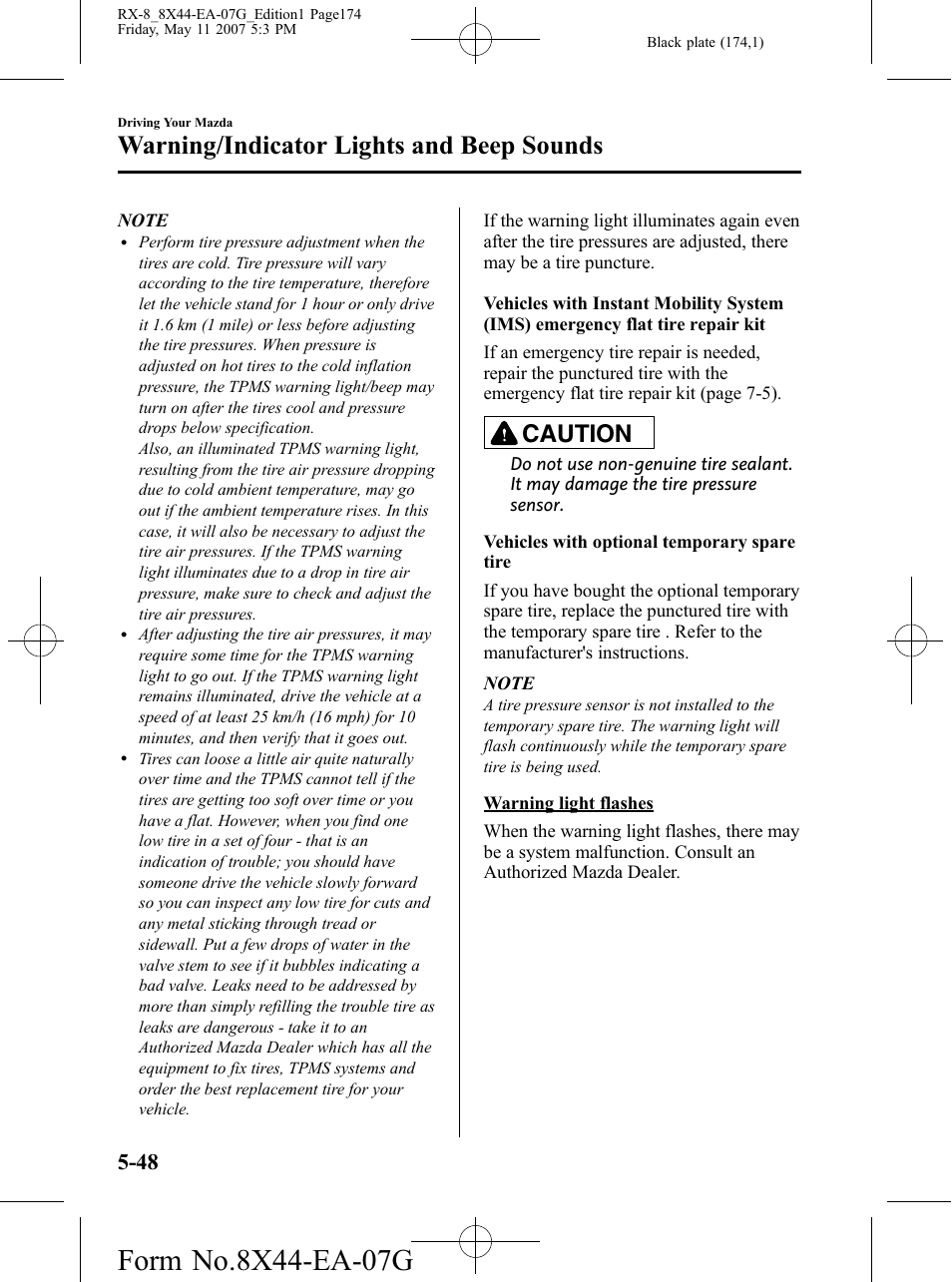 Warning/indicator lights and beep sounds, Caution | Mazda 2008 RX-8 User Manual | Page 174 / 432