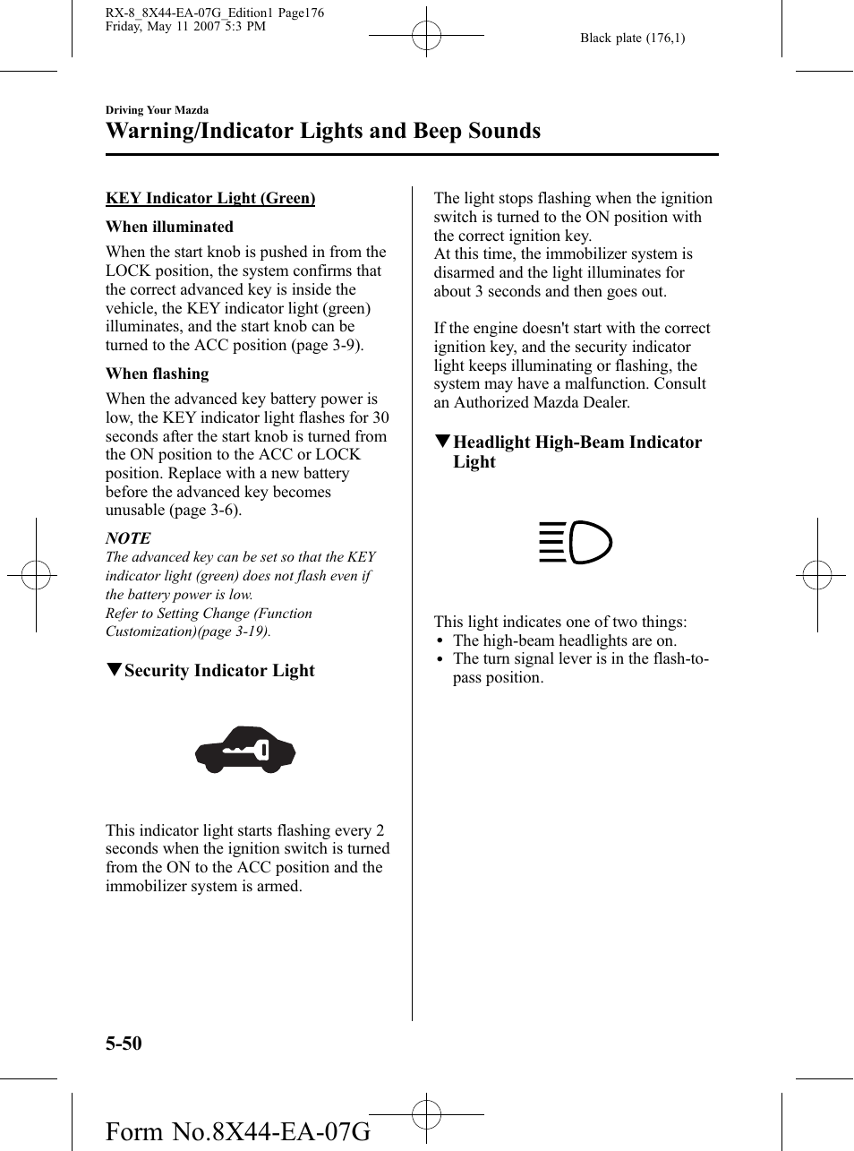 Warning/indicator lights and beep sounds | Mazda 2008 RX-8 User Manual | Page 176 / 432