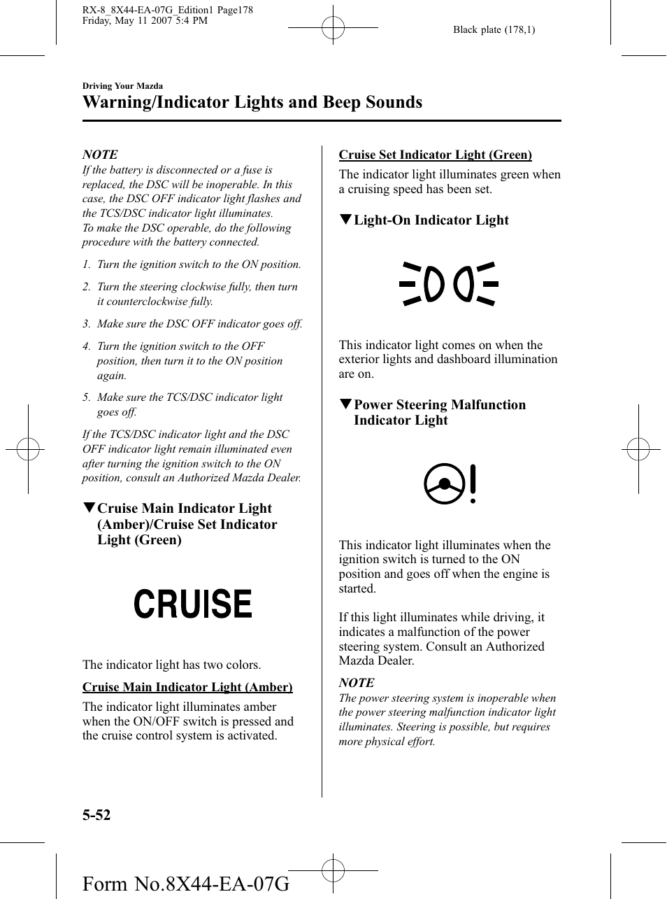 Warning/indicator lights and beep sounds | Mazda 2008 RX-8 User Manual | Page 178 / 432