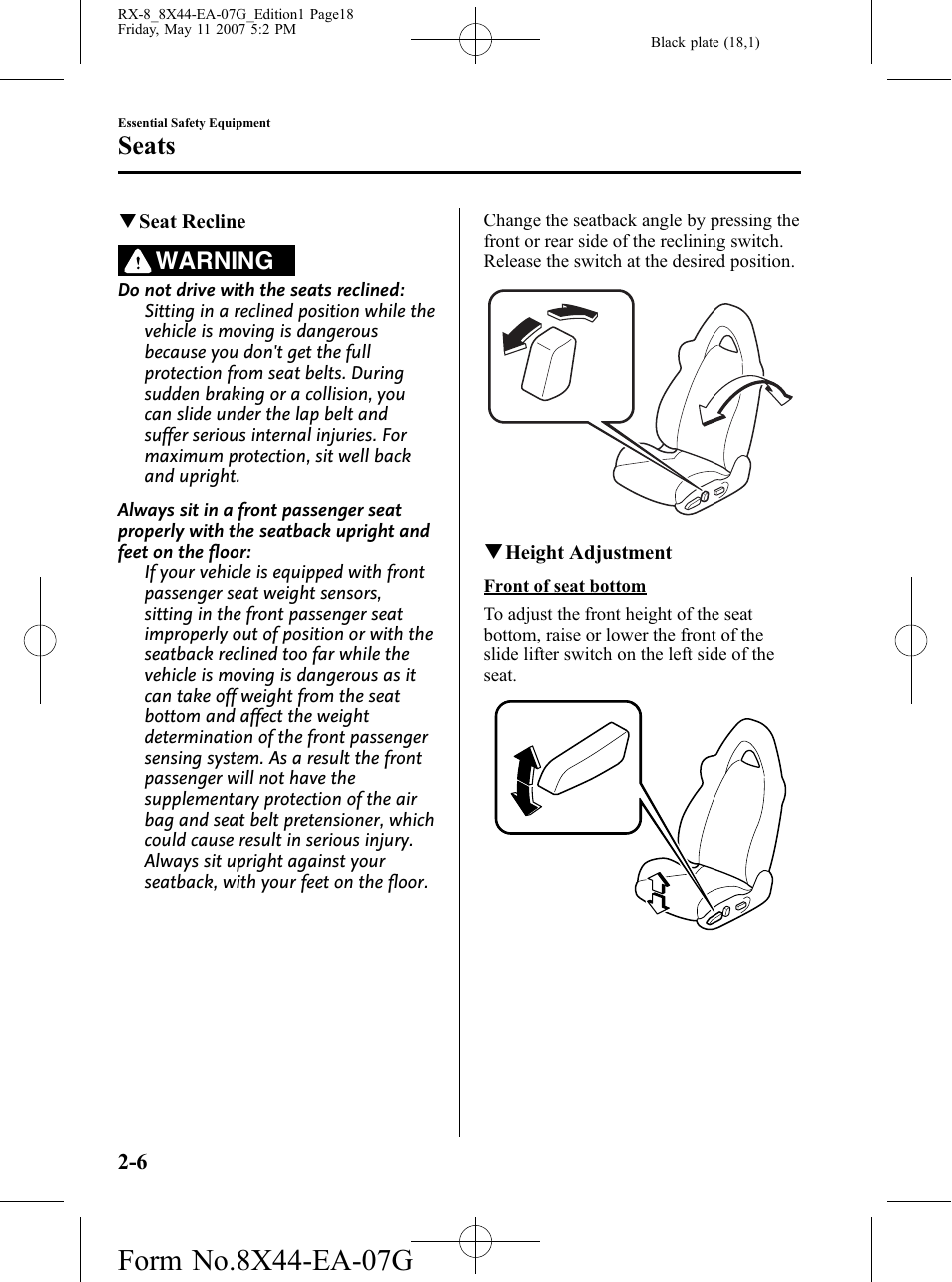 Seats, Warning | Mazda 2008 RX-8 User Manual | Page 18 / 432