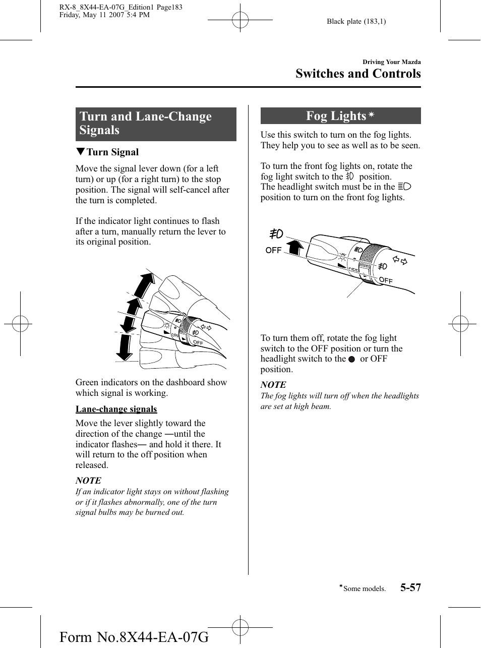 Turn and lane-change signals, Fog lights, Turn and lane-change signals -57 fog lights | Switches and controls | Mazda 2008 RX-8 User Manual | Page 183 / 432