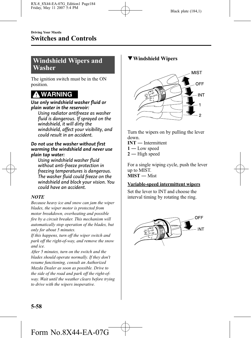 Windshield wipers and washer, Windshield wipers and washer -58, Switches and controls | Warning | Mazda 2008 RX-8 User Manual | Page 184 / 432