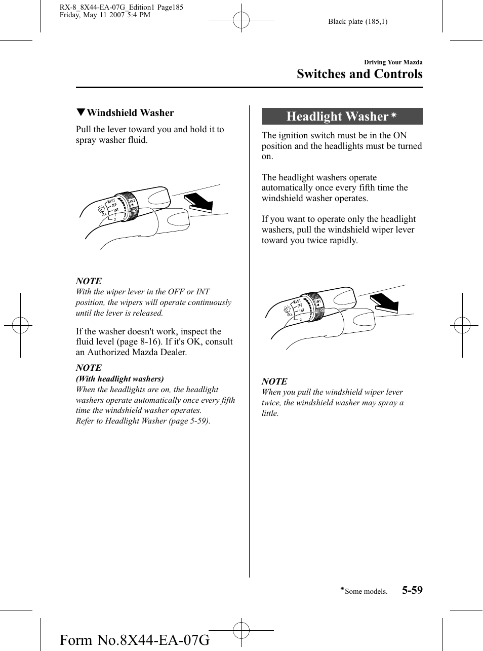 Headlight washer, Switches and controls | Mazda 2008 RX-8 User Manual | Page 185 / 432