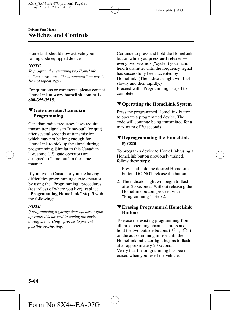 Switches and controls | Mazda 2008 RX-8 User Manual | Page 190 / 432