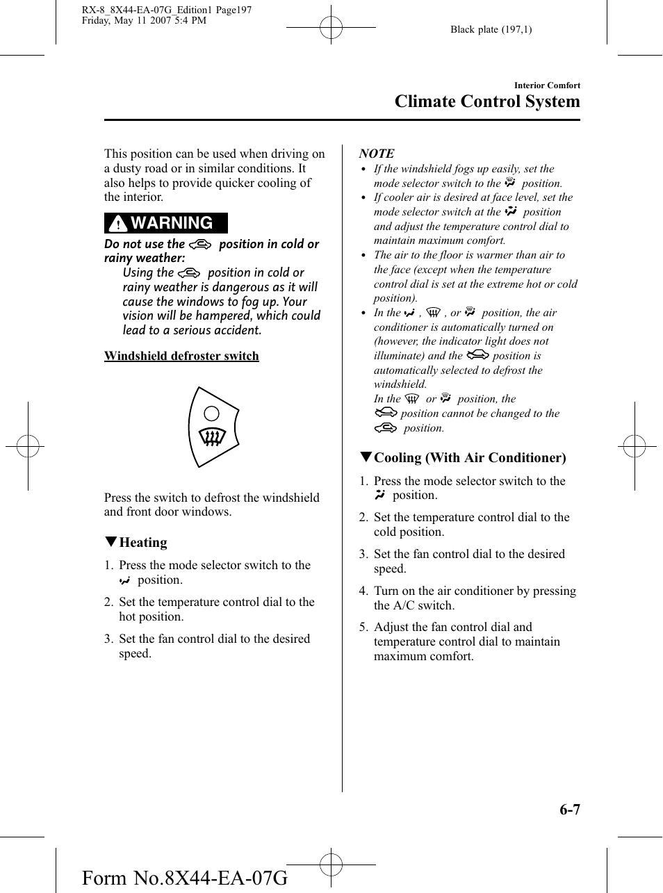 Climate control system, Warning | Mazda 2008 RX-8 User Manual | Page 197 / 432