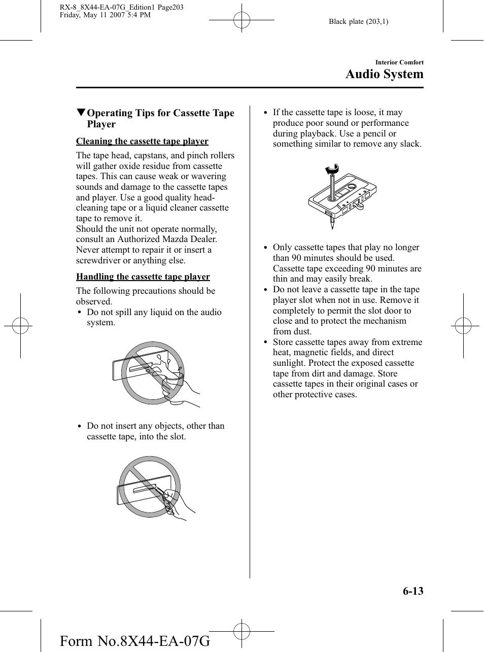 Audio system, Qoperating tips for cassette tape player | Mazda 2008 RX-8 User Manual | Page 203 / 432