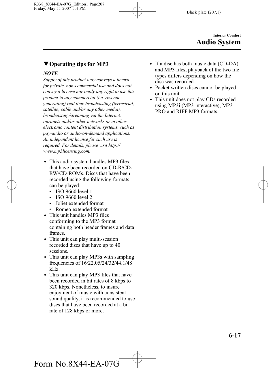 Audio system, Qoperating tips for mp3 | Mazda 2008 RX-8 User Manual | Page 207 / 432