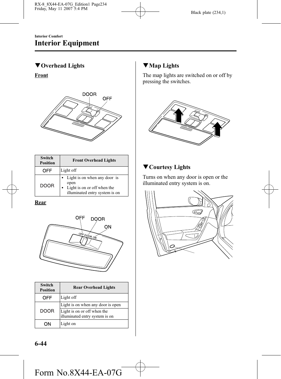 Interior equipment, Qoverhead lights, Qmap lights | Qcourtesy lights | Mazda 2008 RX-8 User Manual | Page 234 / 432