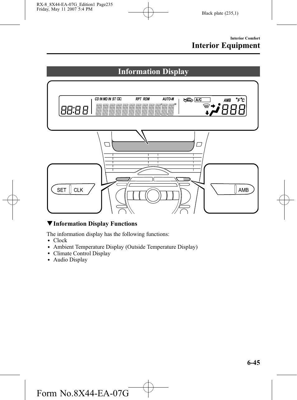 Information display, Information display -45, Interior equipment | Mazda 2008 RX-8 User Manual | Page 235 / 432