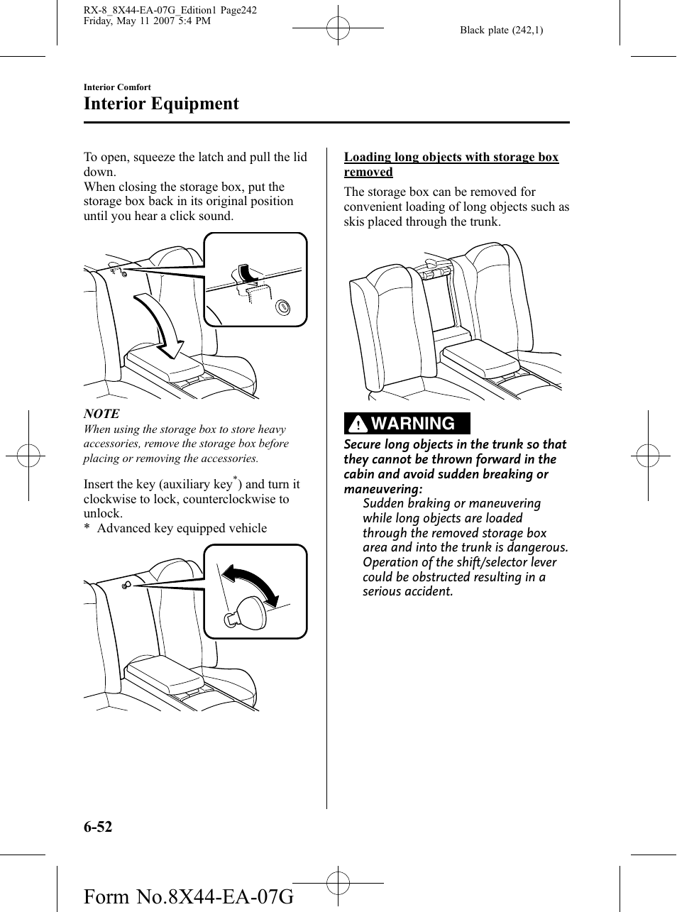 Interior equipment, Warning | Mazda 2008 RX-8 User Manual | Page 242 / 432