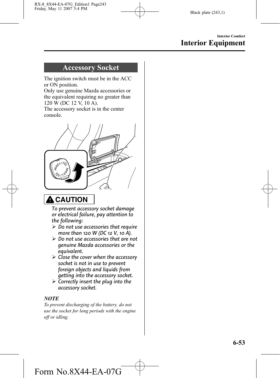 Accessory socket, Accessory socket -53, Interior equipment | Caution | Mazda 2008 RX-8 User Manual | Page 243 / 432