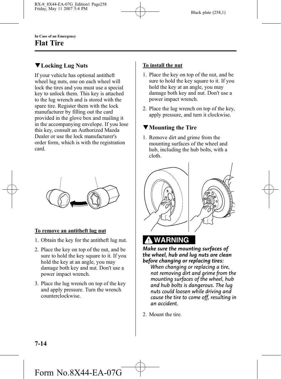 Flat tire, Warning | Mazda 2008 RX-8 User Manual | Page 258 / 432