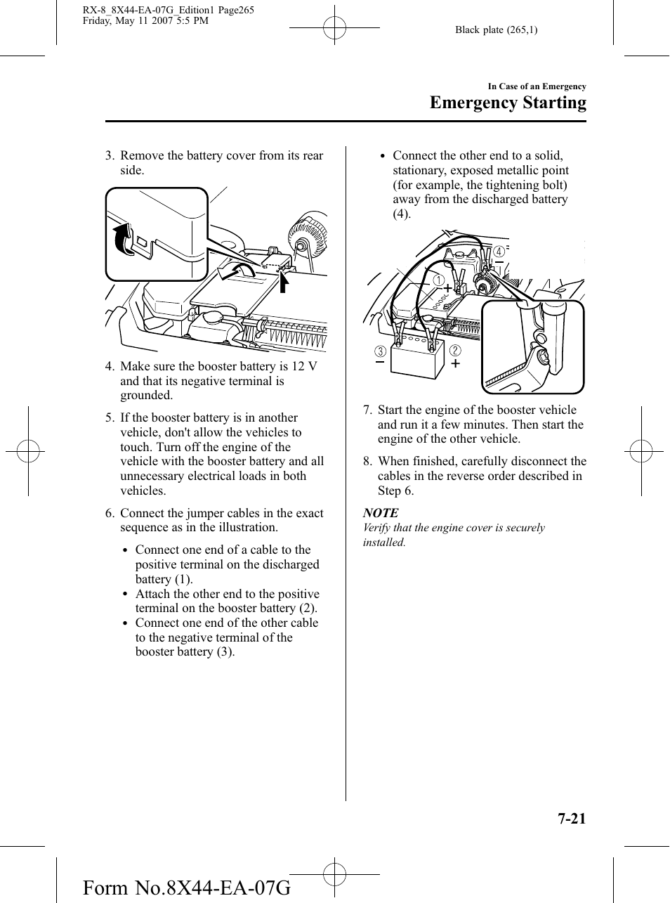 Emergency starting | Mazda 2008 RX-8 User Manual | Page 265 / 432