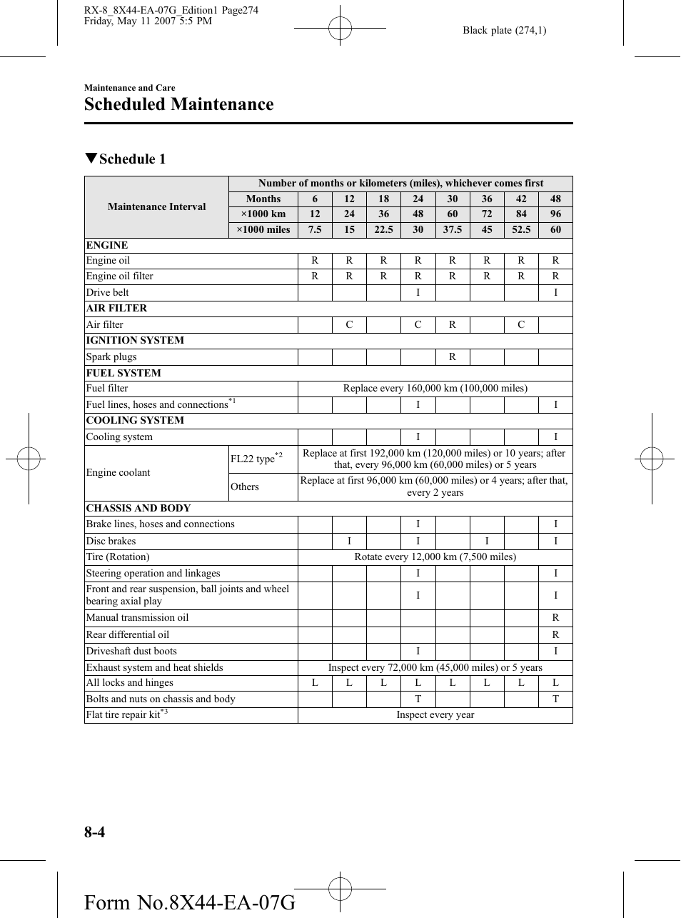 Scheduled maintenance, Qschedule 1 | Mazda 2008 RX-8 User Manual | Page 274 / 432