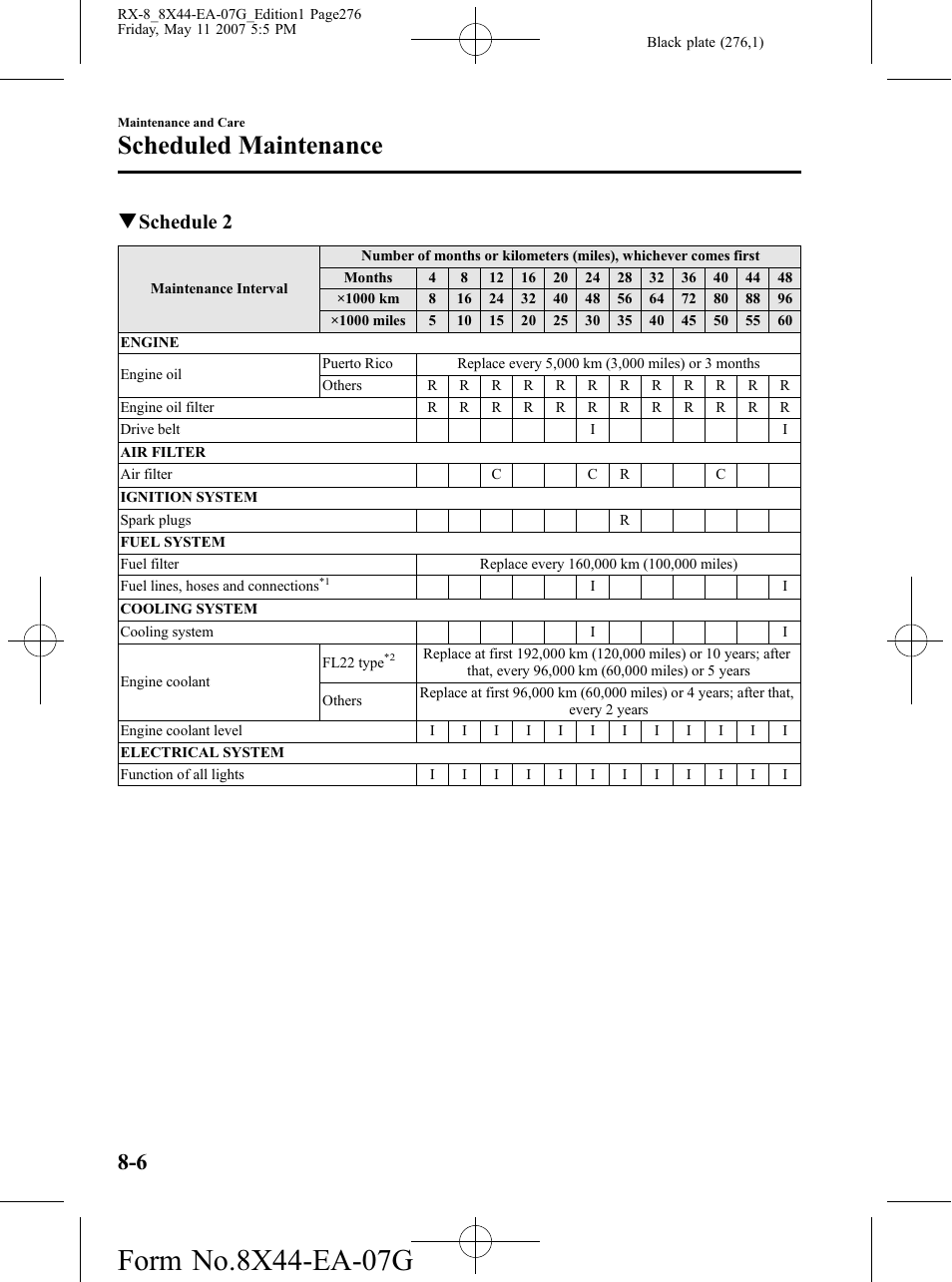 Scheduled maintenance, Qschedule 2 | Mazda 2008 RX-8 User Manual | Page 276 / 432