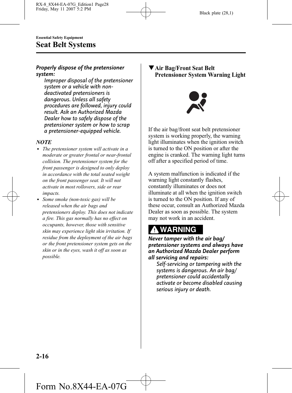 Seat belt systems, Warning | Mazda 2008 RX-8 User Manual | Page 28 / 432