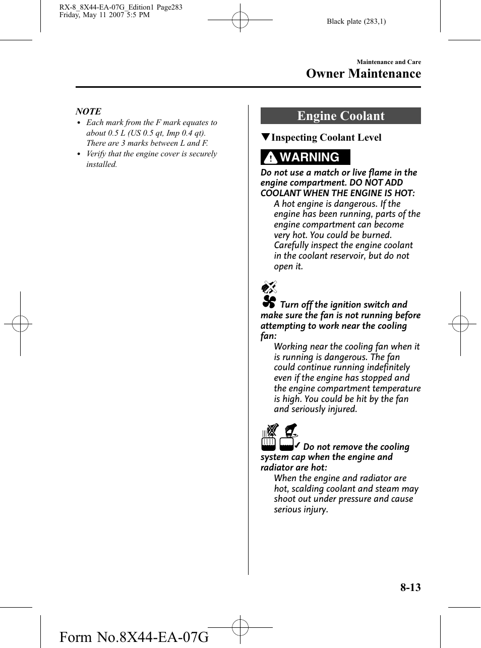 Engine coolant, Engine coolant -13, Owner maintenance | Warning | Mazda 2008 RX-8 User Manual | Page 283 / 432