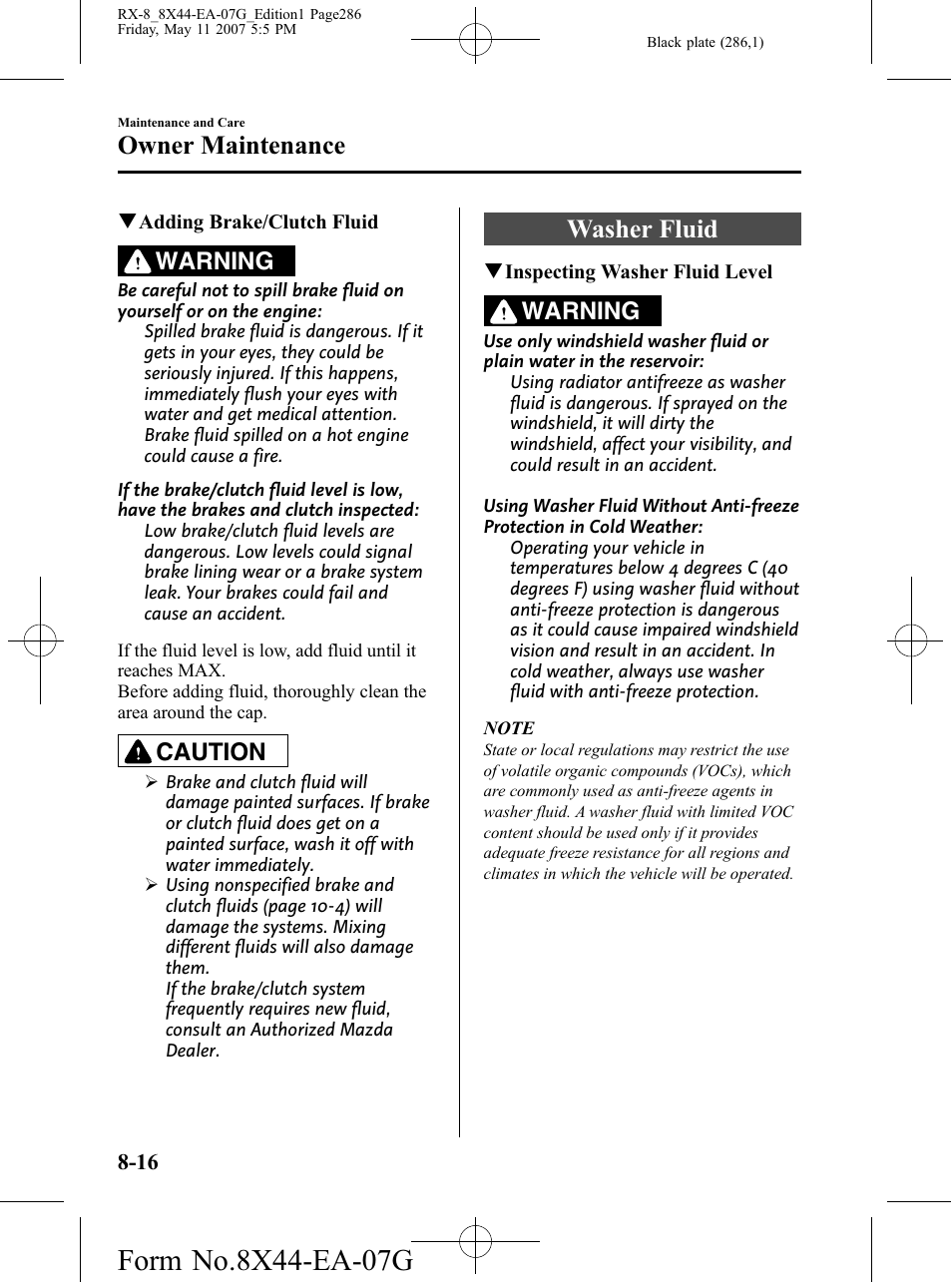 Washer fluid, Washer fluid -16, Owner maintenance | Warning, Caution | Mazda 2008 RX-8 User Manual | Page 286 / 432