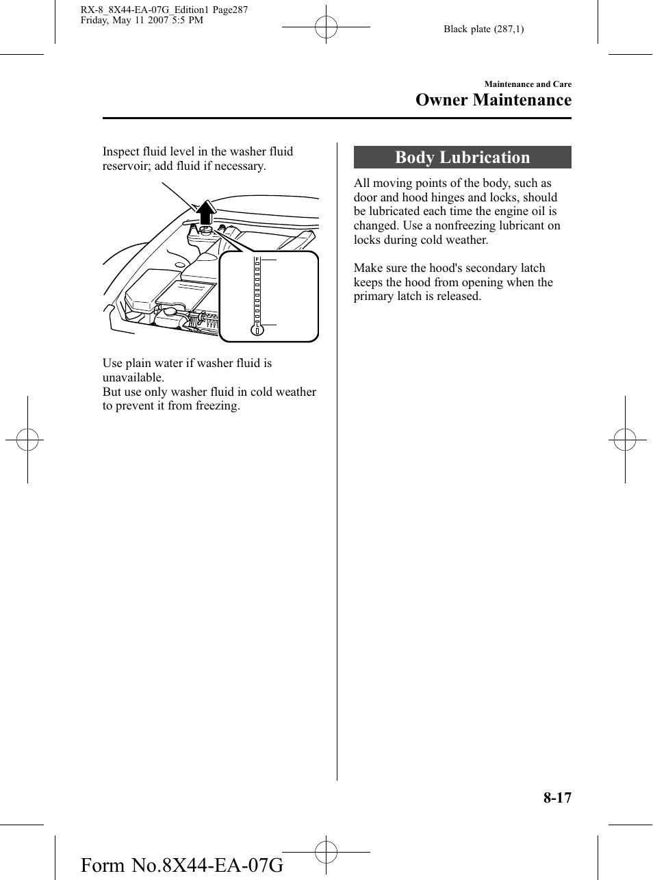 Body lubrication, Body lubrication -17, Owner maintenance | Mazda 2008 RX-8 User Manual | Page 287 / 432