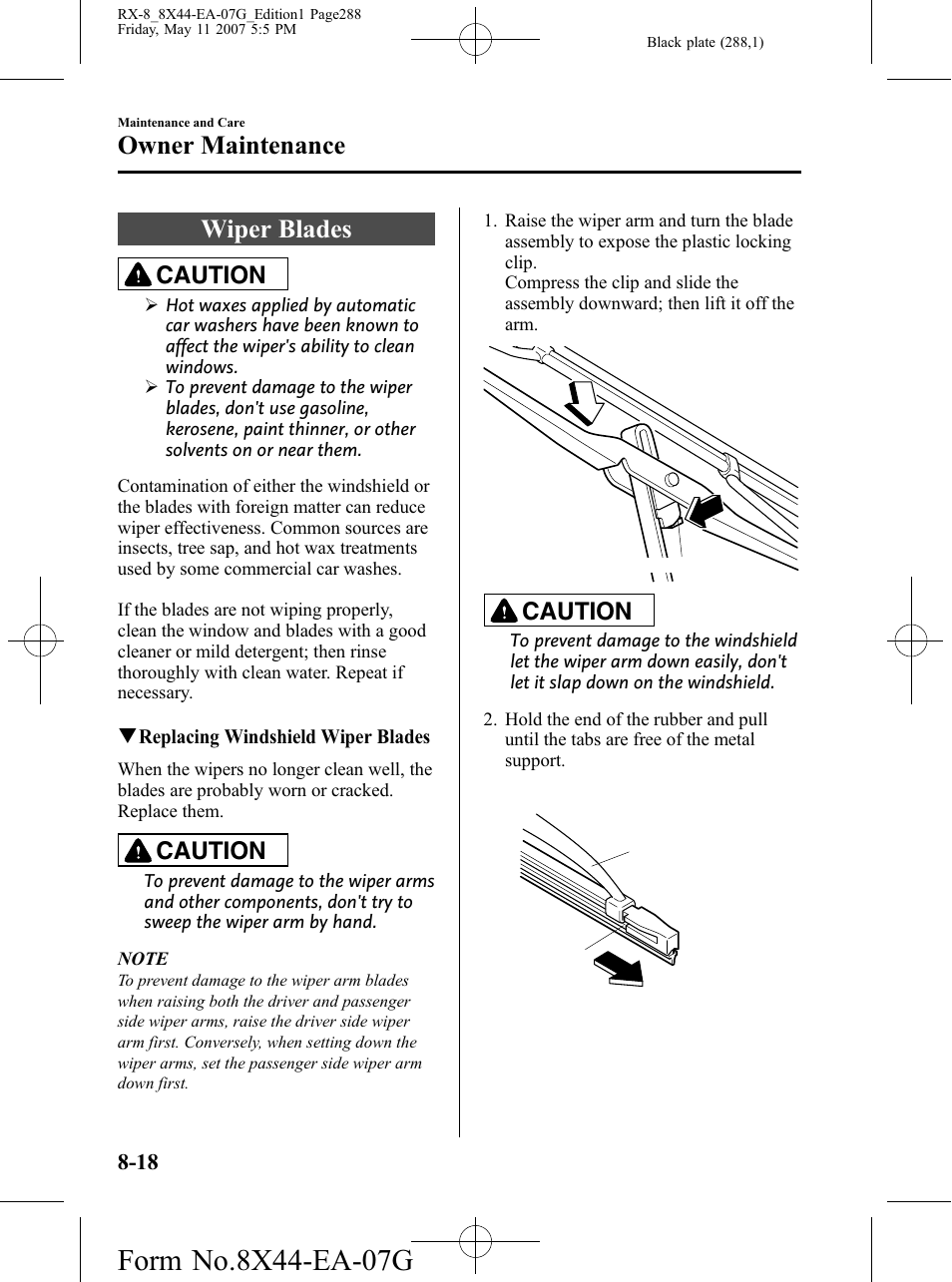 Wiper blades, Wiper blades -18, Owner maintenance | Caution | Mazda 2008 RX-8 User Manual | Page 288 / 432