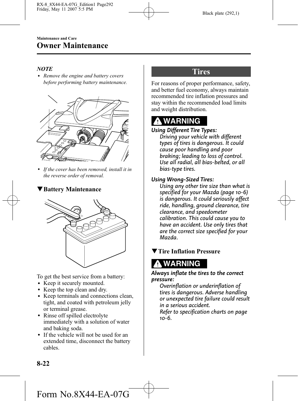 Tires, Tires -22, Owner maintenance | Warning | Mazda 2008 RX-8 User Manual | Page 292 / 432