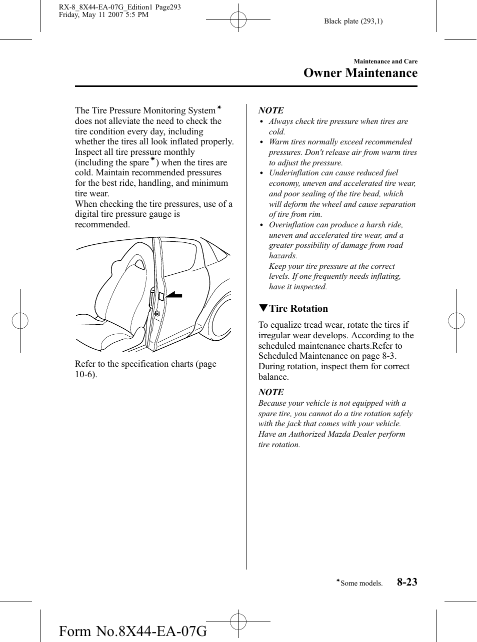 Owner maintenance, Qtire rotation | Mazda 2008 RX-8 User Manual | Page 293 / 432