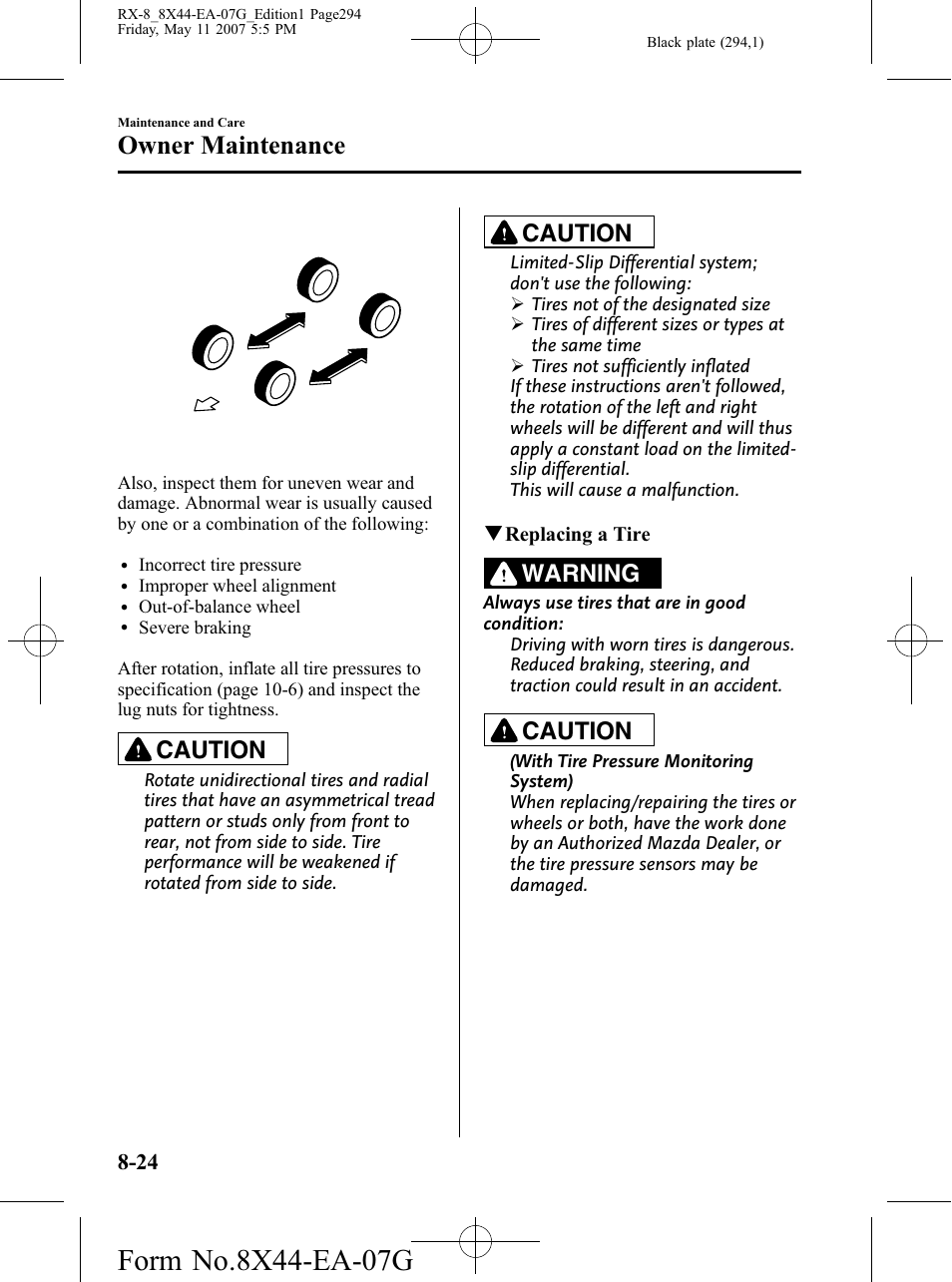 Owner maintenance, Caution, Warning | Mazda 2008 RX-8 User Manual | Page 294 / 432