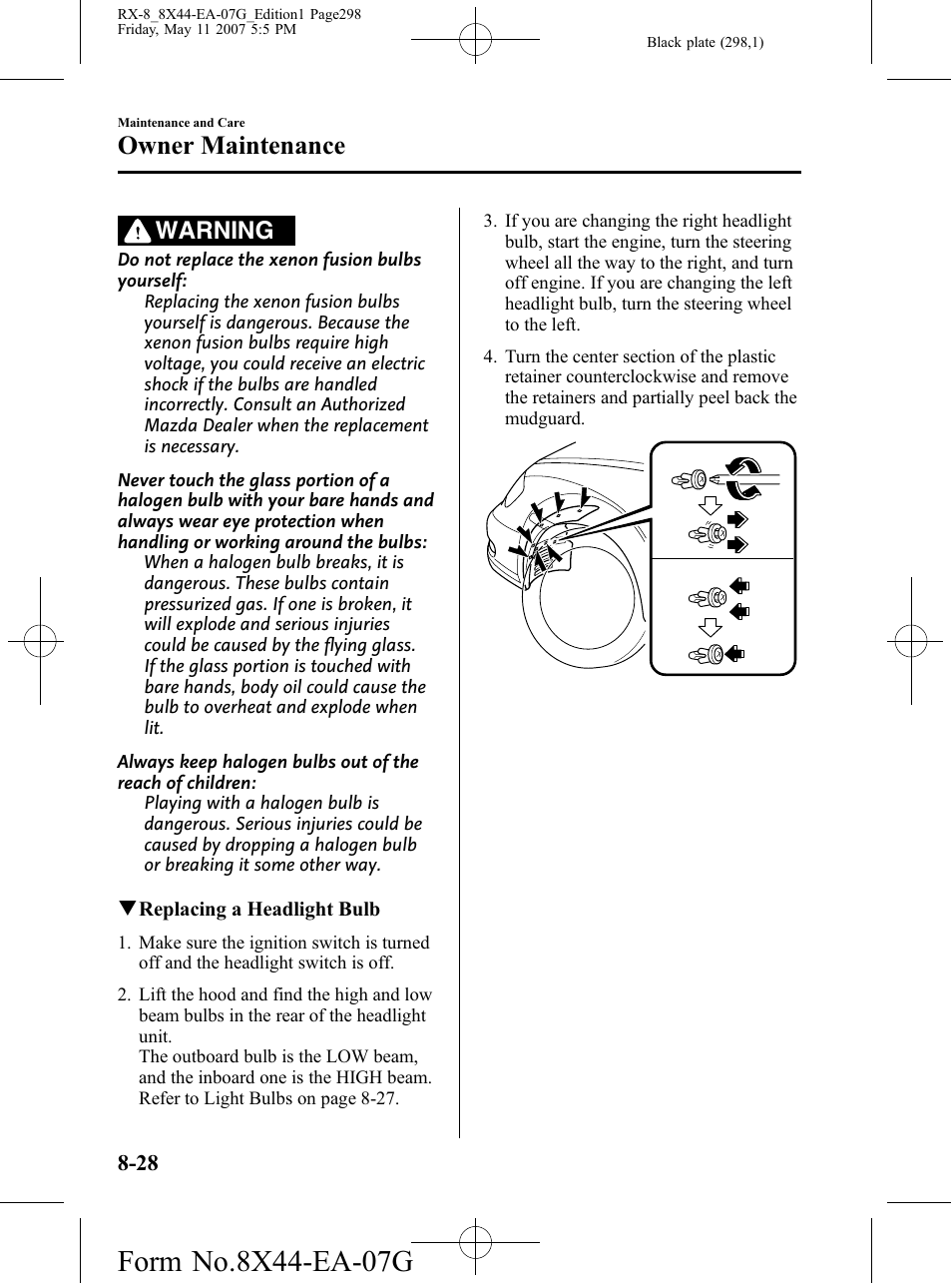 Owner maintenance, Warning | Mazda 2008 RX-8 User Manual | Page 298 / 432