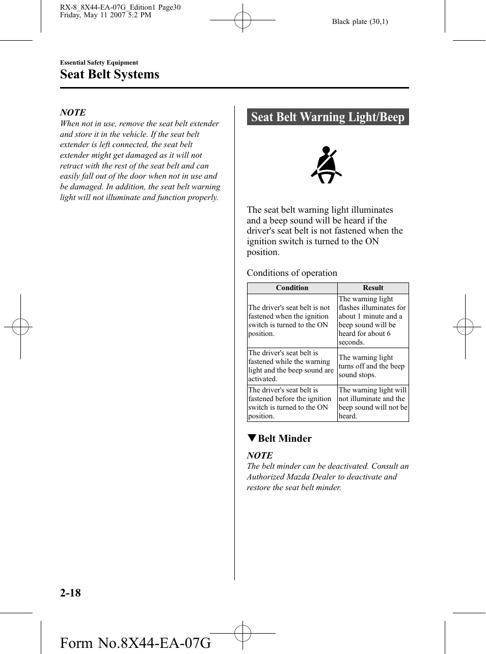 Seat belt warning light/beep, Seat belt warning light/beep -18, Seat belt systems | Mazda 2008 RX-8 User Manual | Page 30 / 432