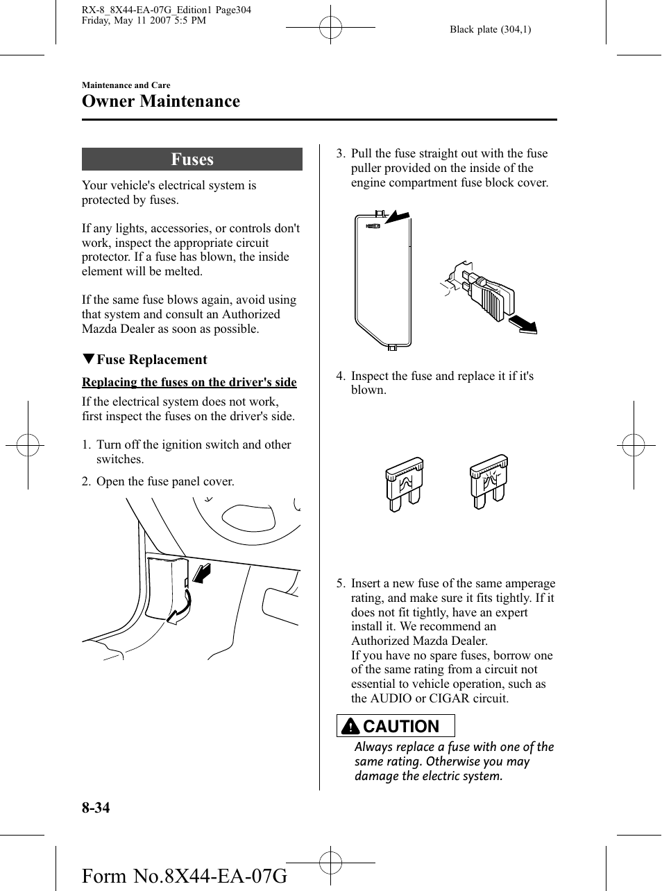 Fuses, Fuses -34, Owner maintenance | Caution | Mazda 2008 RX-8 User Manual | Page 304 / 432