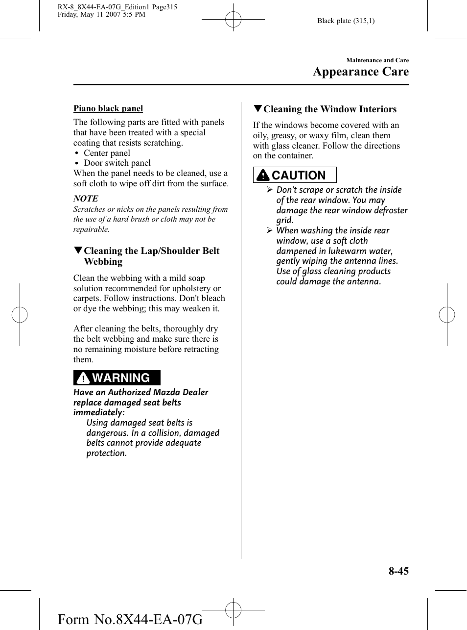 Appearance care, Warning, Caution | Mazda 2008 RX-8 User Manual | Page 315 / 432