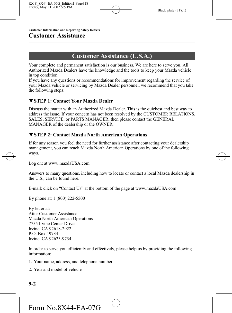 Customer assistance, Customer assistance (u.s.a.), Customer assistance -2 | Customer assistance (u.s.a.) -2 | Mazda 2008 RX-8 User Manual | Page 318 / 432