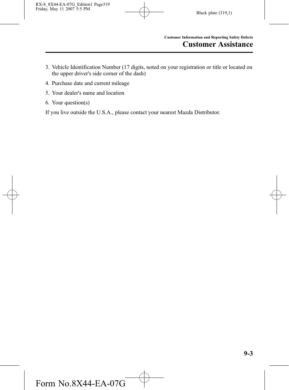 Customer assistance | Mazda 2008 RX-8 User Manual | Page 319 / 432