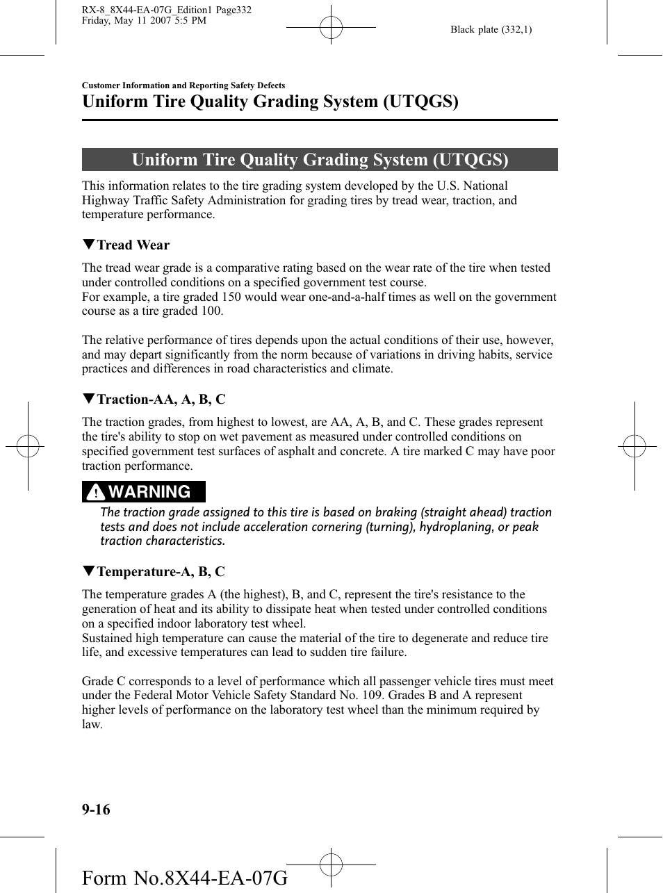 Uniform tire quality grading system (utqgs), Uniform tire quality grading system (utqgs) -16, Warning | Mazda 2008 RX-8 User Manual | Page 332 / 432