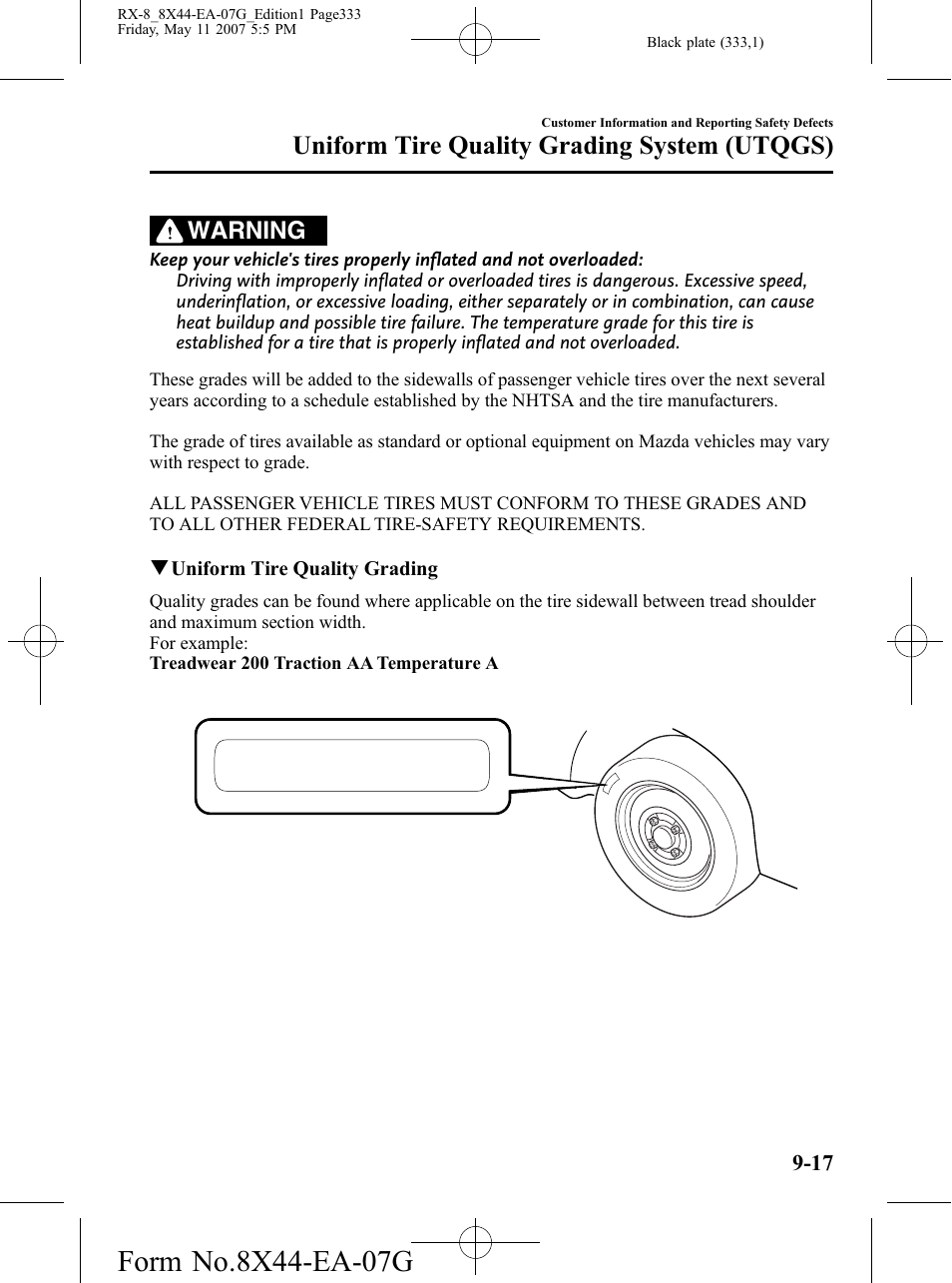 Uniform tire quality grading system (utqgs), Warning | Mazda 2008 RX-8 User Manual | Page 333 / 432