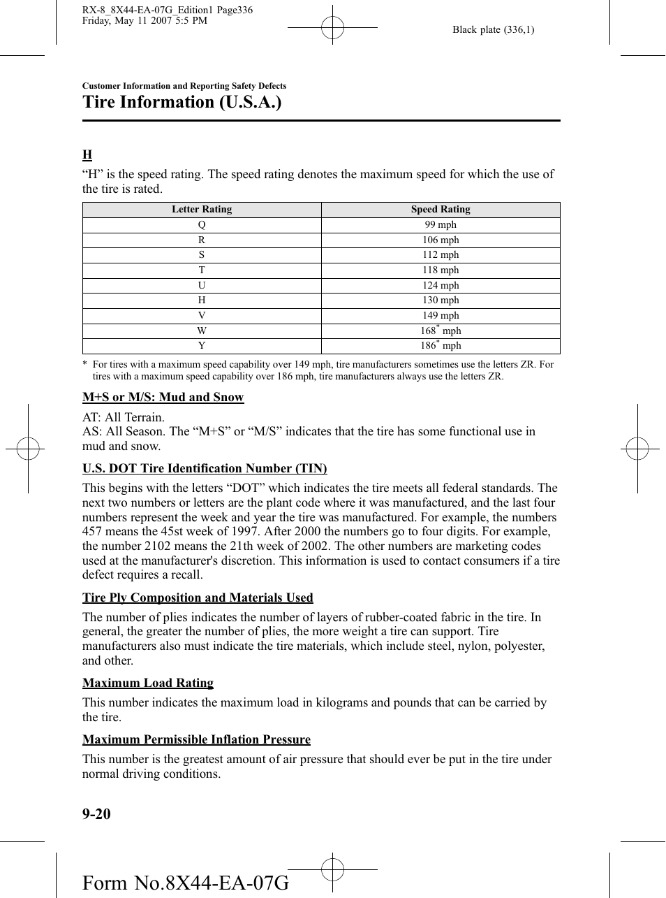 Tire information (u.s.a.) | Mazda 2008 RX-8 User Manual | Page 336 / 432