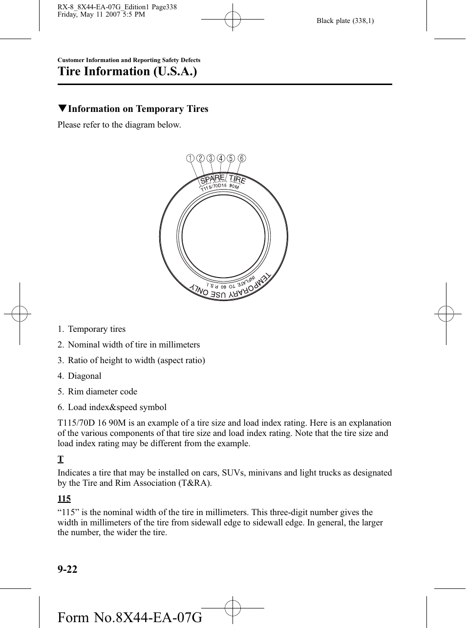 Tire information (u.s.a.) | Mazda 2008 RX-8 User Manual | Page 338 / 432