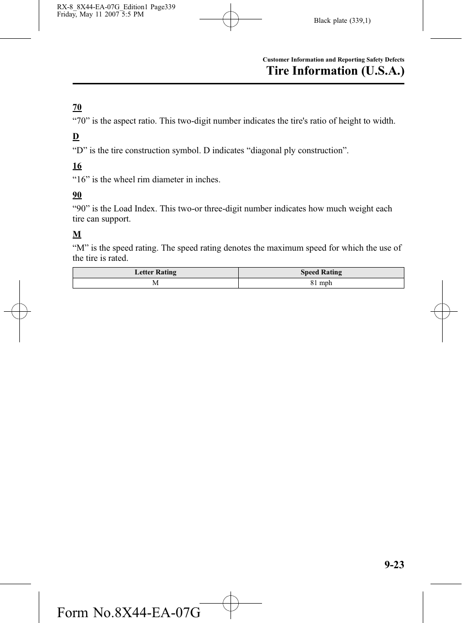 Tire information (u.s.a.) | Mazda 2008 RX-8 User Manual | Page 339 / 432