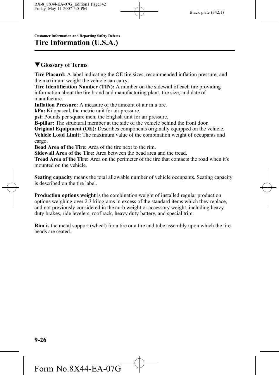 Tire information (u.s.a.) | Mazda 2008 RX-8 User Manual | Page 342 / 432