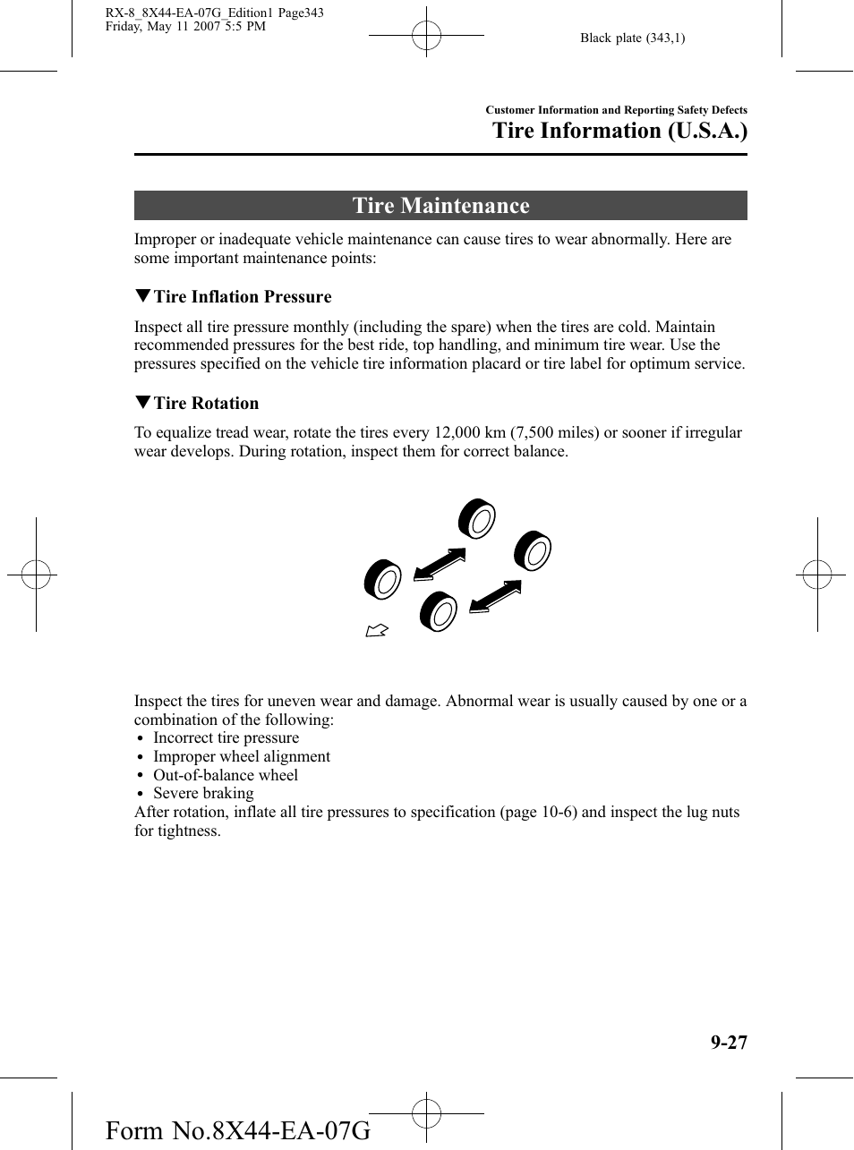 Tire maintenance, Tire maintenance -27, Tire information (u.s.a.) | Mazda 2008 RX-8 User Manual | Page 343 / 432