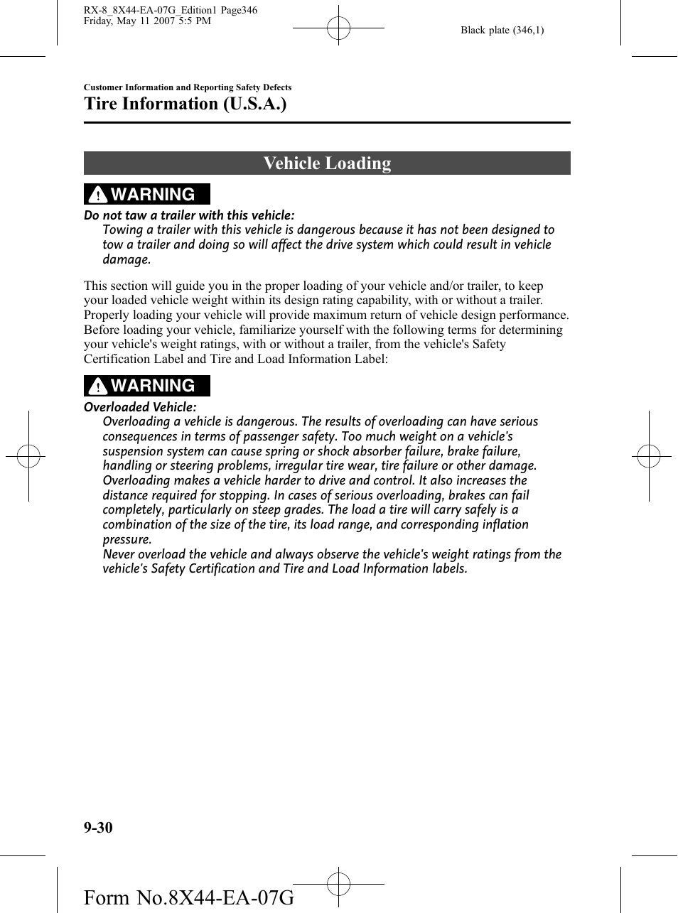 Vehicle loading, Vehicle loading -30, Tire information (u.s.a.) | Warning | Mazda 2008 RX-8 User Manual | Page 346 / 432