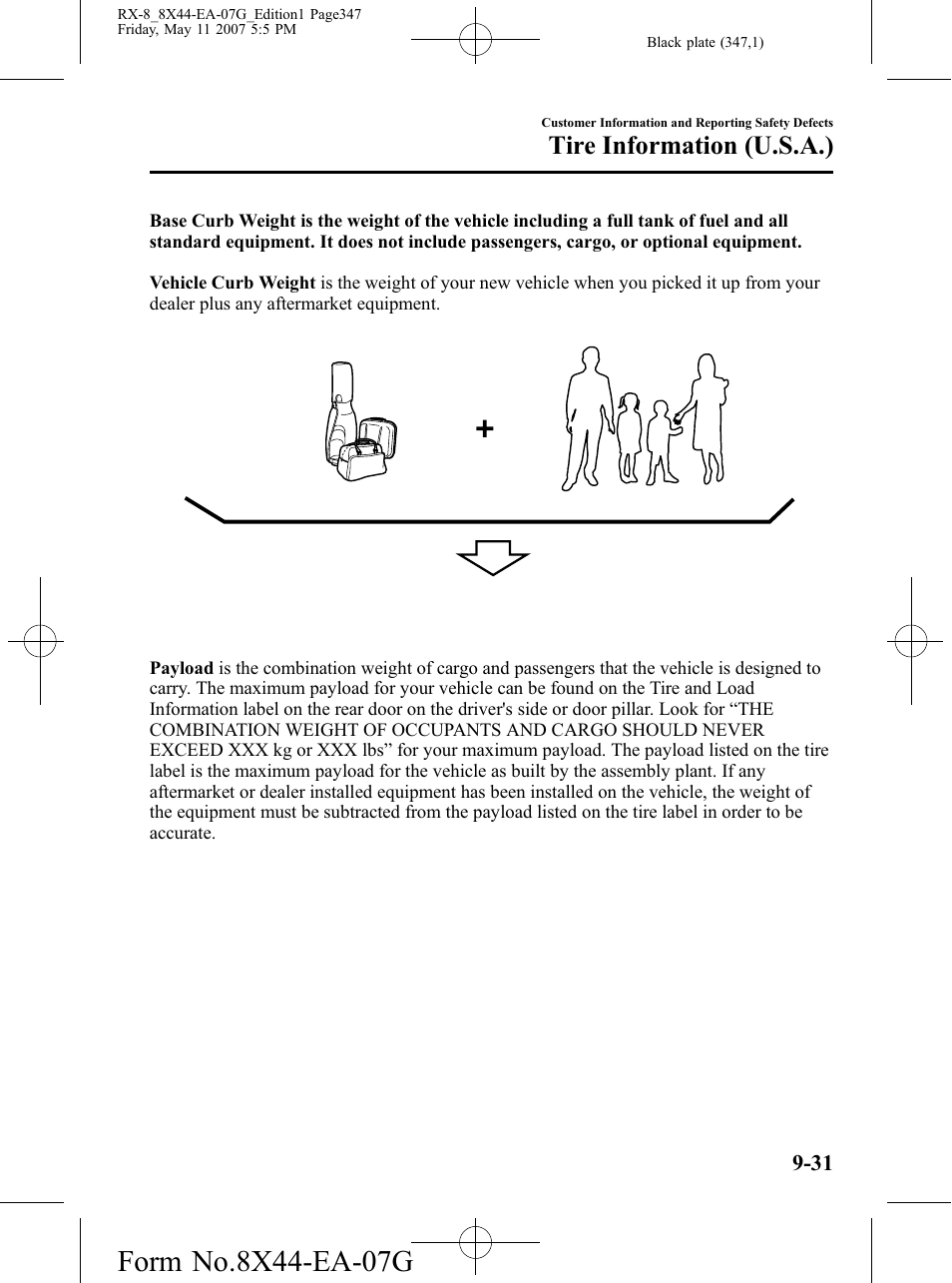 Payload, Tire information (u.s.a.) | Mazda 2008 RX-8 User Manual | Page 347 / 432