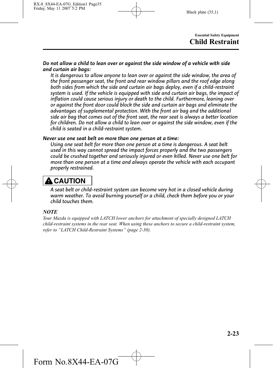 Child restraint, Caution | Mazda 2008 RX-8 User Manual | Page 35 / 432