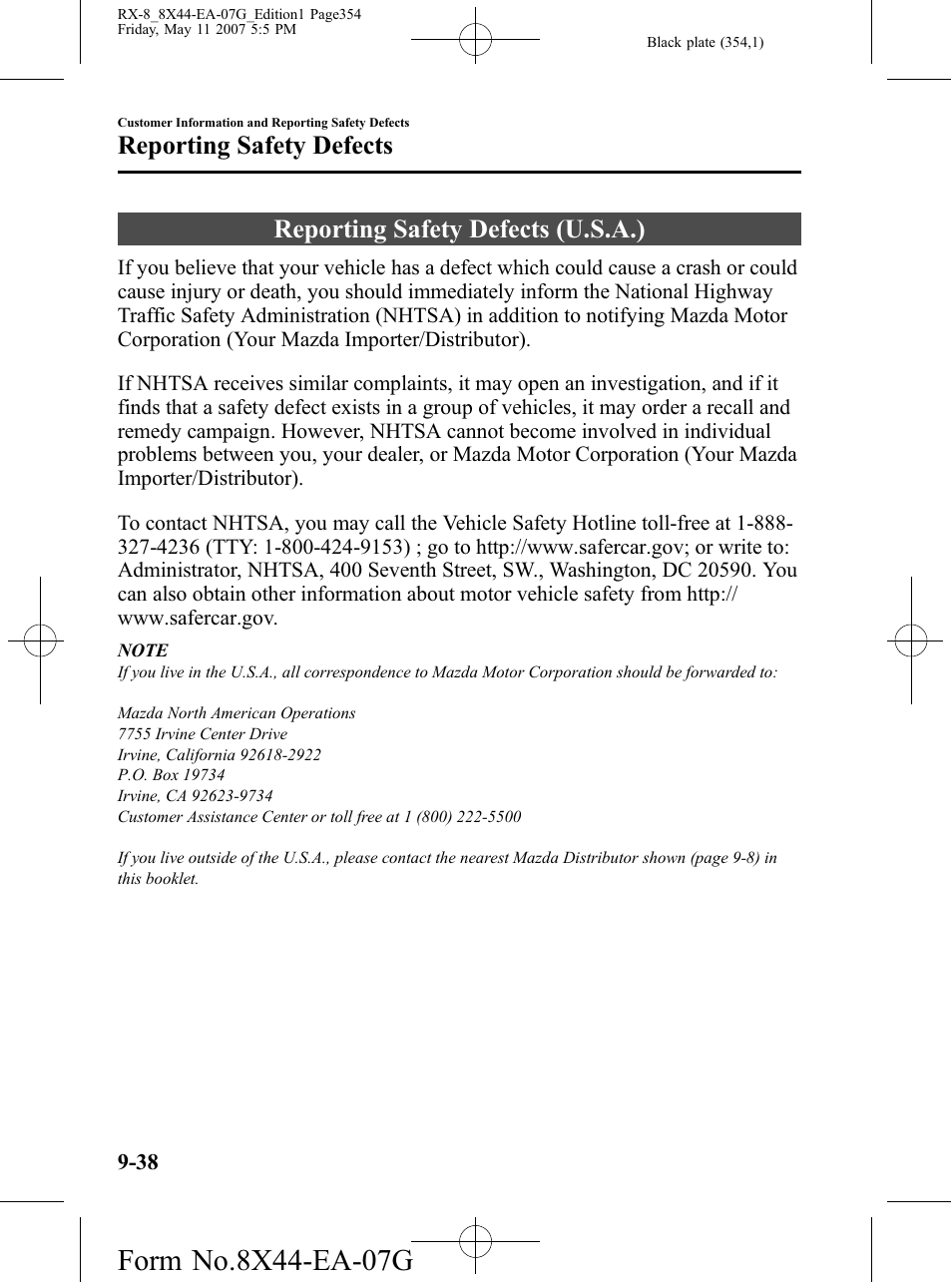 Reporting safety defects, Reporting safety defects (u.s.a.), Reporting safety defects -38 | Reporting safety defects (u.s.a.) -38 | Mazda 2008 RX-8 User Manual | Page 354 / 432