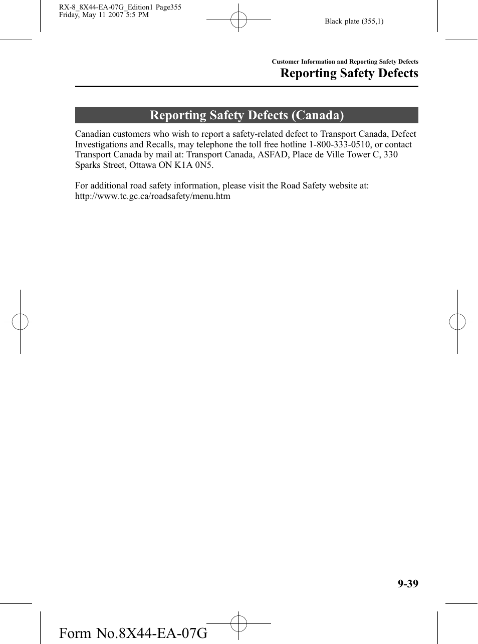 Reporting safety defects (canada), Reporting safety defects (canada) -39, Reporting safety defects | Mazda 2008 RX-8 User Manual | Page 355 / 432