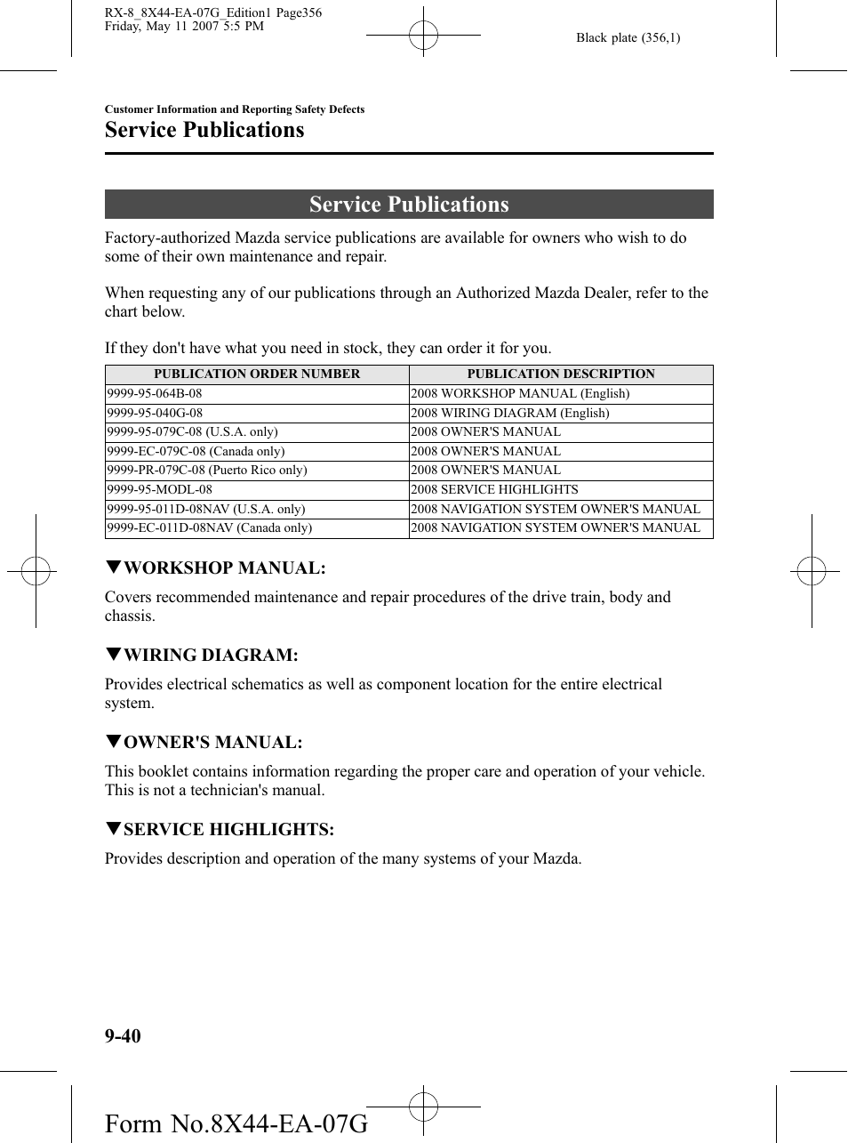 Service publications, Service publications -40 | Mazda 2008 RX-8 User Manual | Page 356 / 432