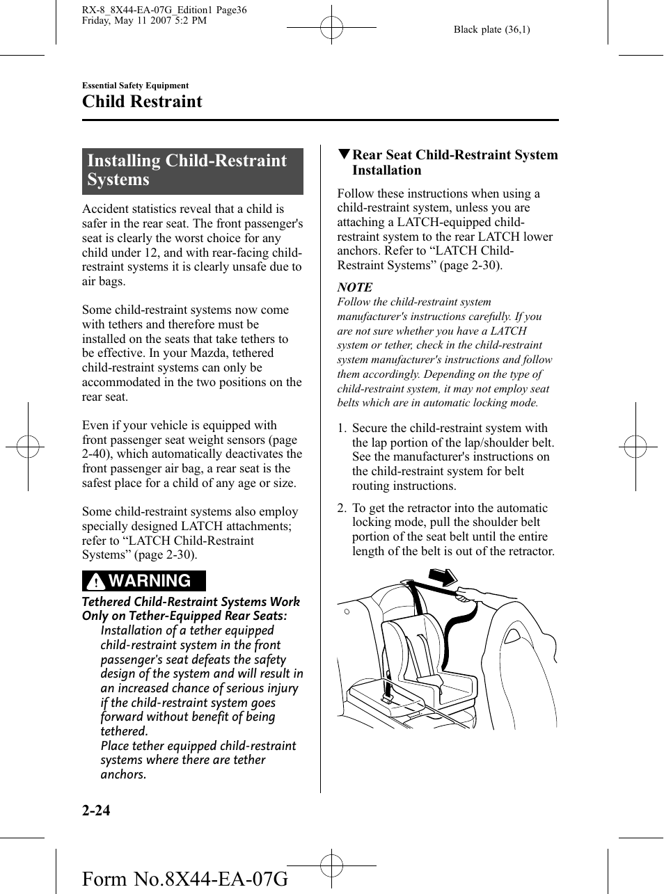 Installing child-restraint systems, Installing child-restraint systems -24, Child restraint | Warning | Mazda 2008 RX-8 User Manual | Page 36 / 432